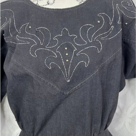 PG‎ Collections Western Style Black Denim Dress with White Embroidery Size 10 - Picture 5 of 14